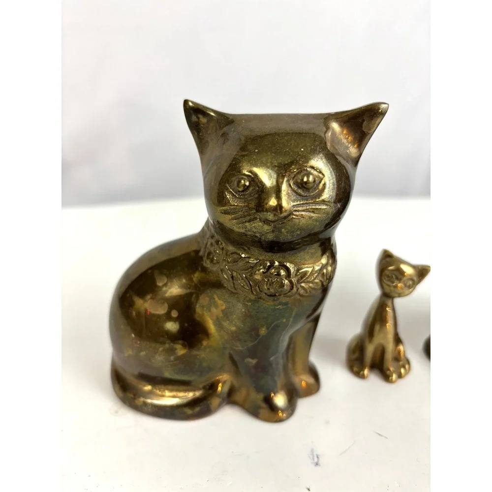 Vintage‎ Brass Cat Figurine Set Mid Century Style Kitty Family Decor Lot of 3